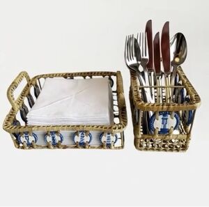 VNTG Coastal Nautical Sweetgrass Ceramic Lighthouse Utensil Caddy Napkin Holder